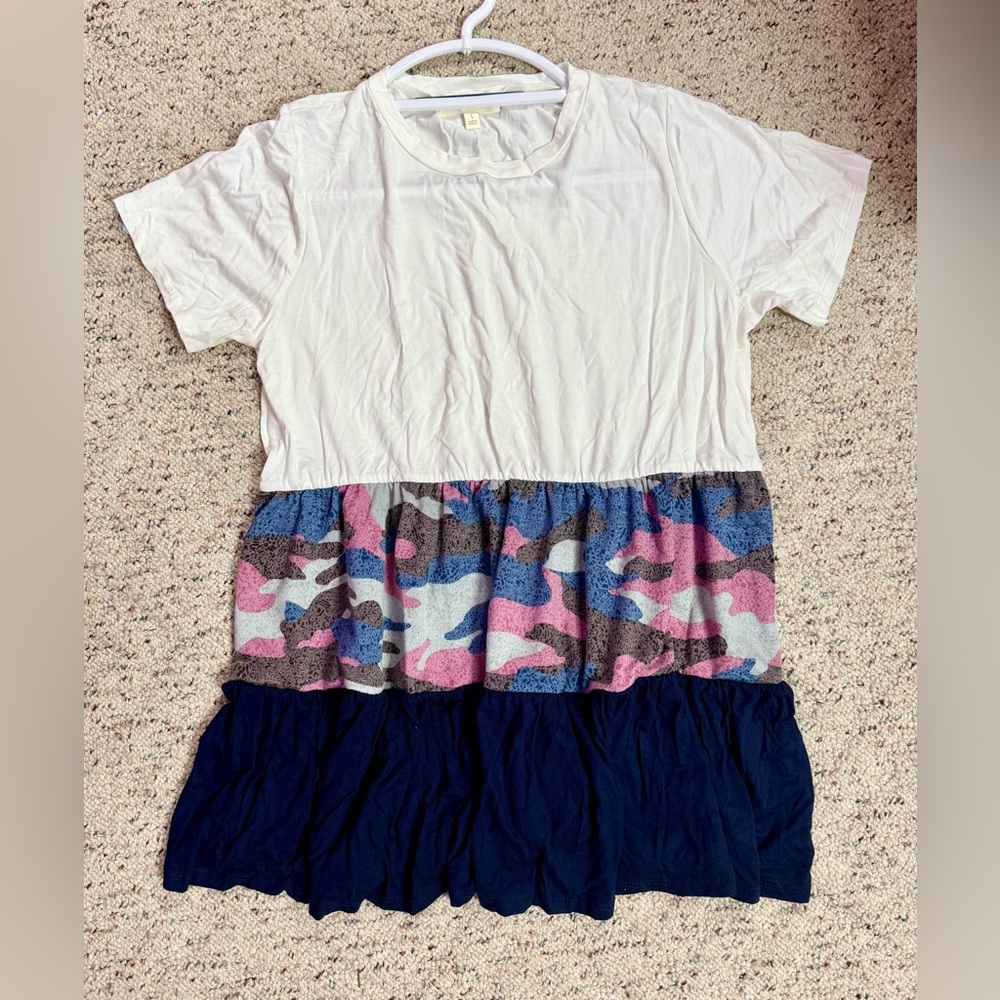 Women's White and Camouflage Tiered Short Sleeve Top - New without Tags